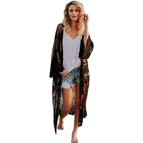 TUDUZ Women Kimono Oversized Bohemian Lace Long Cardigans Coat Casual Beach Swimsuit Cover Ups(Black,Free Size) Cover