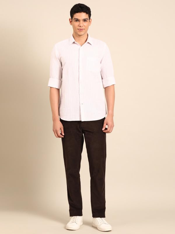 Image of Linen Club Men's Linen Rich Pink Striped Contemporary Fit Full Sleeve Casual Shirt