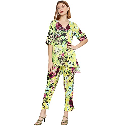 Image of CLOTH HAUS INDIA Women's || Yellow Floral Printed || Modal Material || Short Top for Women || V-Neck || Top for Women || Half Sleeves