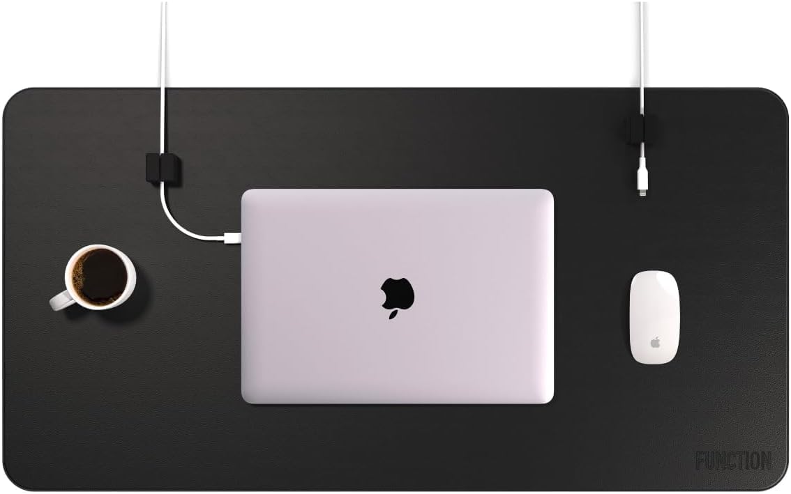 Function101 Desk Mat Pro + Magnetic Cable Management System, Premium Eco Leather Desk Pad/Two (2) Silicone Cable Block Provides Magnetic Cable Organization, Faux Suede Bottom (31” x 16”) Black