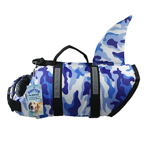 Chaleco Salvavidas para Perros,Flotador Perro,Chaleco de Natación con Tiras Reflectante y Asa,Dog Lifejacket Mascotas de Natación Ajustable Pet Vest con Aleta de Tiburón (M,Camuflaje Azul