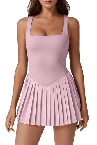 Image of QINSEN Womens Square Neck Tennis Dress Pleated Sleeveless Built in Shorts Golf Athletic Dress with Pockets