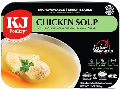 KJ Poultry Kosher Ready Meals - Matza Ball Chicken Soup &amp; Vegetables, CHOMETZ NOT for PASSOVER, MRE Meat Meals Ready to Eat, Shabbos Food, Halal, (1 Pack) Cooked Entree, Shelf Stable Microwave Dinner