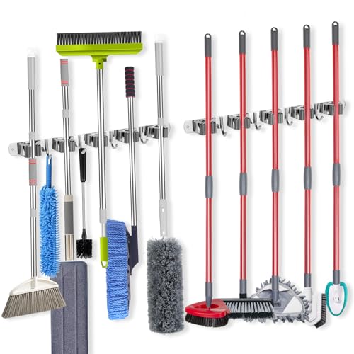 Image of voze [2 Pack] 5 Racks and 4 Hooks Mop and Broom Holder Wall Mount, Self Adhesive Heavy Duty Broom Organizer Storage Tool Racks for Kitchen Garden Laundry Garage, 304 Stainless Steel, Silver