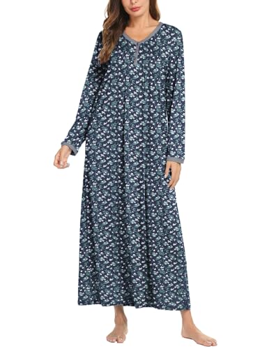 Ekouaer Camisón De Manga Larga para Mujer Vestido De Lactancia Maternidad Botones,Flores Azul Marino y Blancas.,XL