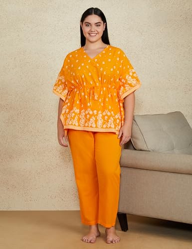 Image of Amazon Brand - Myx Women's Cotton Kaftan Top and Pajama Night Suit Set (Available in Plus Sizes)