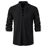Ficlwigkis Mittelalter Kleidung Herren Mittelalter Hemd Herren Langarm Leinen Hemd mit Kordelzug Mittelalter Kostüm Wikinger Hemd Ohne Kragen Herren (Schwarz, XL)