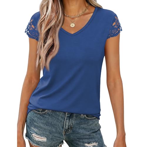 Image of Womens Tops V Neck Short Sleeve T Shirts Womens Summer Tops Casual Soft Basic Lace Tops Spring Summer Tees Clothes 2026