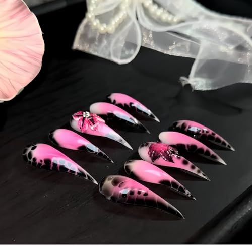 Press Claw on Nails Long Curved Stiletto Boho Black Pink