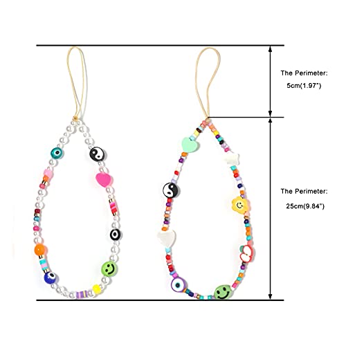 Exweup 2 Pcs Yin Yang Beaded Phone Lanyard -Bohemian Smiley Face Evil Eye Beaded Phone Charm Wrist Strap ,Fruit Star Heart Flower Pearl Handmade Bracelet Keychain,Cell Phone Accessories For Women And Girls #TOP1