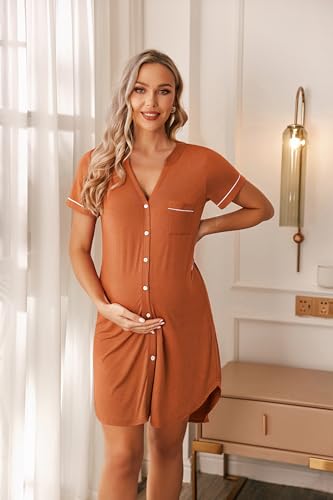 Image of Ekouaer Nightgowns for Women Button Down Night Gowns Short Sleeve Sleep Shirt V Neck Nightshirt Soft Sleepwear Pajams Dress