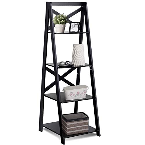 Tangkula 4-Tier Ladder Shelf Bookcase Leaning Free Standing Wooden Frame Decor Bookshelf Storage Flower Shelf Plant Display Shelf for Home Office
