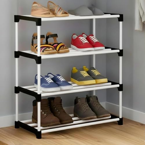 Image of Shoe Rack 4 Layer with Shelf, Thick Strong Pipes for Heavy Load Multipurpose Organizer Rack Shoe, Cloth & Book Storage Shelf for Home, Balcony, Living Room & Workspace