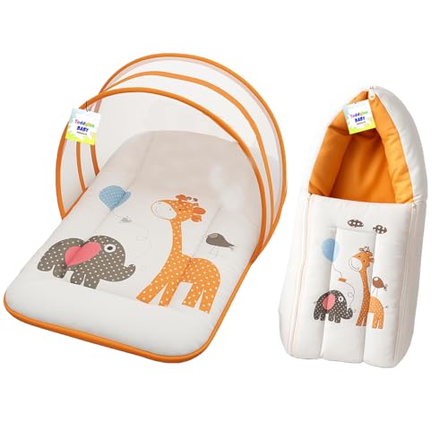 Image of Toddylon Baby Bedding Set New Born Baby Bag | Mattress | Mosquito Net | Insect Protector | Infants Carry Bed (0-6 Months) Orange (2PCS Set)