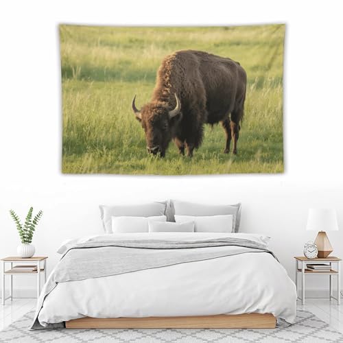 Tapisserie murale bohème Bison Eats Grass avec kit de suspension