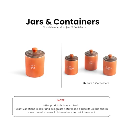 Image of ExclusiveLane 'London Diary' Airtight Ceramic Jars For Kitchen Storage With Wooden Lid Ceramic Containers For Pickle Cookies Sugar Dry Fruits (Set of 3, Airtight, 330 ml, 13.5 Cm, Orange & Brown)