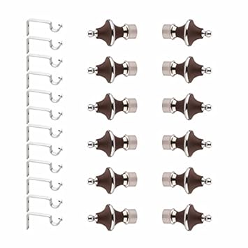 GRIVAN Stainless Steel & ABS Curtain Bracket Parda Holder with Support 1 Inch Rod Pocket Finials Designer Door and Window Rod Support Fittings, Curtain Rod Holder? (Pair of 6 , Dark Brown )