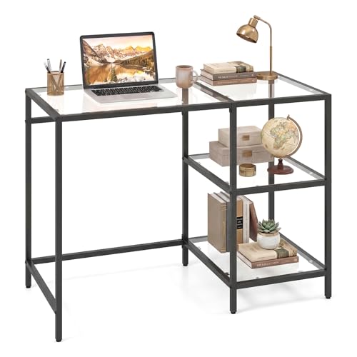 Giantex Computer Desk, 42 Inch Home Office Desk with Tempered Glass, Storage Shelves & Metal Frame, Modern Work PC Desk, Study Writing Table for Small Space, Black