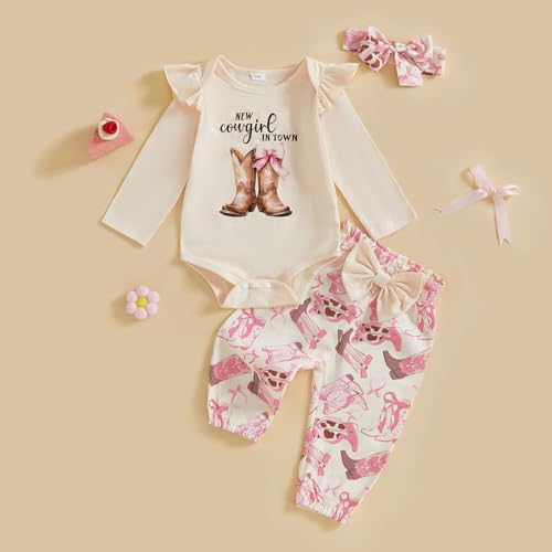 Newborn Baby Girls Fall Outfit Western Cowgirl Long Sleeve Bubble Romper Horse/Boots Print Pants 3Pcs Clothes Set3