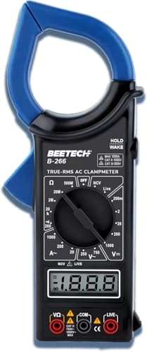 Image of BEETECH B-266 TRUE-RMS Digital Clampmeter measuring 1000A AC Current, AC /DC Voltage, NCV, Live Test, Resistence, Continuity Check & more.