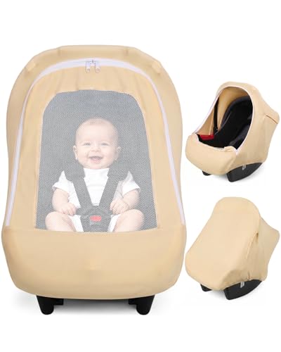 Image of Metplus Baby Car Seat Cover with Mesh Window, Breathable Carseat Canopy, Windproof Summer Sun Shade, Infant Carrier Stroller Covers for Girls Boys, Stretchy Universal Fit (Cereal)