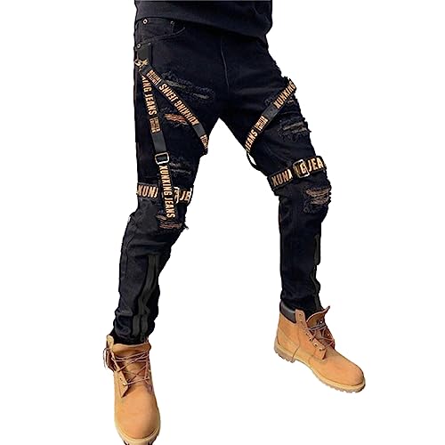 Men's Slim Fit Patchwork Jeans Hip Hop Streetwear Straight with Zip Cargo Denim Pants