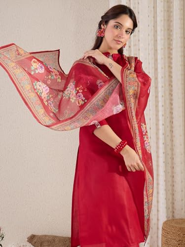 Image of INDO ERA Women's Straight Cotton Blend Ethnic Motifs Embroidered Kurta Pant With Dupatta Set