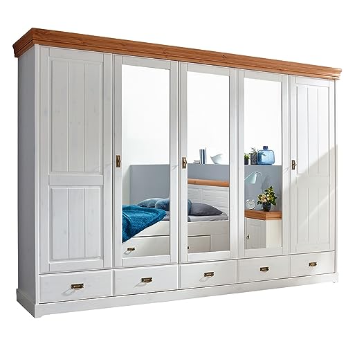 Lomadox Schlafzimmer komplett Set Doppelbett Bettschubkasten Nachkommode Kleiderschrank Bettbank SAVONA-69 in Kiefer massiv weiß mit Honig – Bild 7