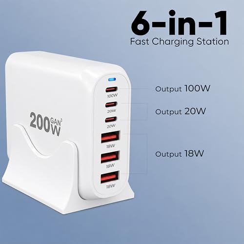 Image of MX 200W USB C Charging Station,GaN III 6-Port Fast Charging USB C Charger Hub,PD 100W Laptop Charging Adapter Compatible with MacBook Pro /Air,DELL,Steam Deck,iPhone 16 /15 /14,Galaxy S23 /22