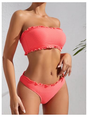 WDIRARA Women's 2 Piece Bikini Set Strapless Thong Swimsuit Textured Bandeau Bathing Suit4