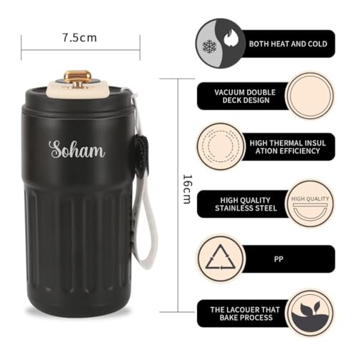 Image of Giftana Personalized Coffee Tumbler with Name, Customized Travel Mug with Lid, Coffee Mug for Men and Women, Birthday Gifts, Valentine's Day Gift, Corporate Gifts for Employee (Black, 420 ml)