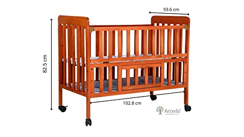 Image of Arcedo Crest Wooden Baby Cot | Rocker Function, 3-Level Adjustable Height, Bedside Sleeper, Lockable Wheels, Mosquito Net & Storage Shelf | Portable Baby Bed Crib for 0-4 Years (White)