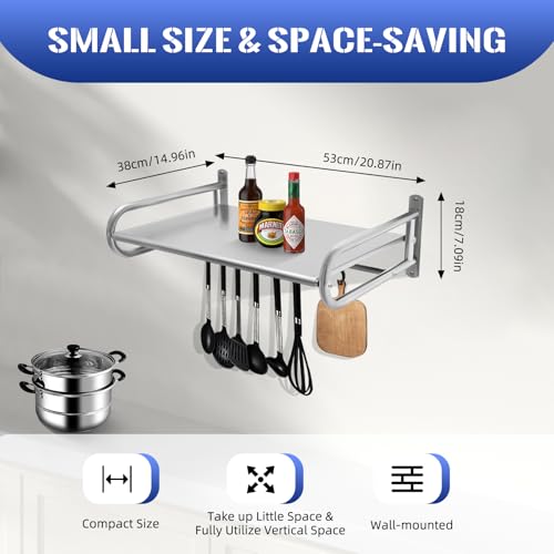 FROPIJ Estantería para microondas, de acero inoxidable, soporte para microondas, montaje en pared, con 6 ganchos móviles, soporte de pared para horno, microondas (plata) - imagen 2