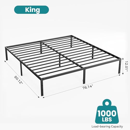 Image of Sweetcrispy King Size 12 Inch Platform Bed Frame, Heavy Duty Metal Foundation Frame, Noise-Free Sturdy Steel Slats, Underbed Storage, No Box Spring Needed, Quick Setup