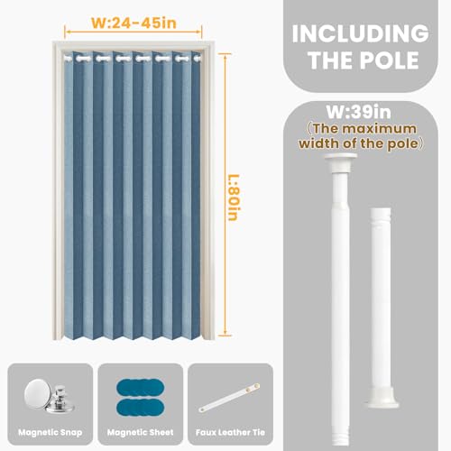 Image of AJAZZ Blackout Accordion Door with Curtain Rods Adjustable 28-39 inch Long, Closet Door Curtain Total Privacy Sound Proof Curtains Suitable for Bedroom Living Curtain Set, 1 Pack, W42 x L80 in, Blue