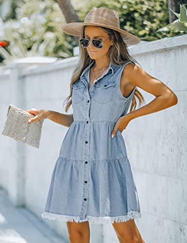 Image of luvamia Women's Casual Summer Lapel Sleeveless Button Down Short Denim Jean Dress