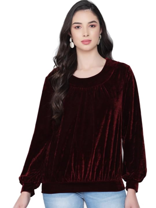 Vaararo Velvet Blouson Top for Women | Round Neck Puff Sleeves Stylish Party Outfit