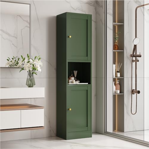 Image of 67 inch Tall Narrow Storage Cabinet with Doors and Open Shelf,Metal Pantry Cabinet,Shaker Style Slim Cabinet with Adjustable Shelves,for Bathroom Kitchen Laundry Small Spaces,Forest Green,1Pc