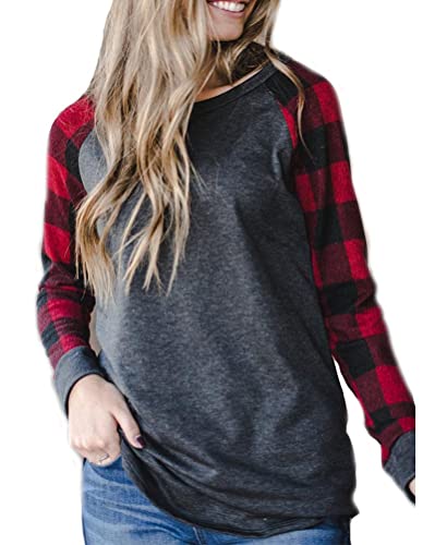 KUFV Women's Plaid Long Sleeve Tops Crew Neck Blouse Tunic T-Shirts Dark Grey