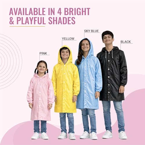 Image of Robustt Kids Eva Raincoat for Boys & Girls (8-16 Years) with Full Sleeves with Elastic Cuff | Unisex Hooded Kids Rain Coat with Drawstring | Reusable Raincoat with Snap Button Closure | Knee Length