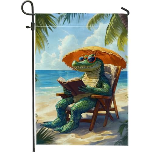 Summer Beach Alligator Garden Flag, Green Reptile Reading Book Outdoor