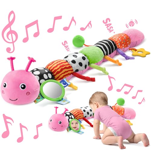 Image of Sumobaby Baby Toys 0-6 6-12 Months,Music Caterpillar Plush Toy with Baby Mirror, Pull String&Crinkle Rattle,Infant Sensory Toys,Tummy Time for 0-3-6-12 Month Boys Girls Newborn Gifts (Pink-Branch)