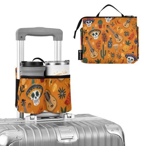 Image of Luggage Cup Holder for Suitcases Free Hands Suitcase Cup Holder Travel Luggage Drink Holder Portable Luggage Cup Caddy Bag Carrier with Handle Day of The Dead Orange Skull Cacti Guitar