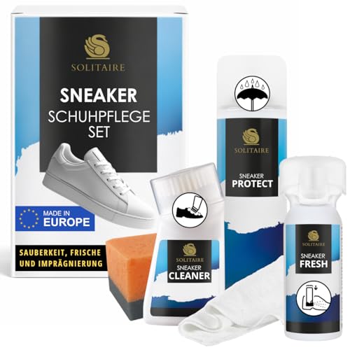 SOLITAIRE Sneaker Pflege & Schutz Set für alle Materialien, 5-teiliges Schuhputz-Set: Imprägnierspray, Universal-Reiniger, Schuhdeo Geruchsentferner, Mikrofasertuch und Schwamm - Schuhpflege-Set
