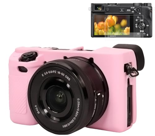 Pocoukate Case for Sony Alpha A6400, A6300, Camera, Soft Silicone Protective Cover Skin with Screen Protector Accessories for Sony Alpha A6400 / 6300 Digital Camera Silicone Cas - Pink