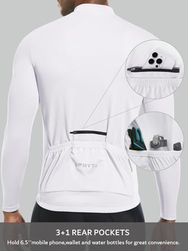 Spotti Men's Cycling Bike Jersey Long Sleeve with 3 Rear Pockets - Moisture Wicking, Breathable, Quick Dry Biking Shirt White