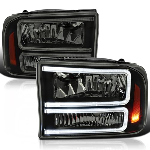 SPEC-D TUNING Black Smoke Headlights with LED Bar Compatible with 1999-2004 Ford F-250 F-350 F-450 SuperDuty 2000-2004 Excursion Left + Right Head Lights Assembly