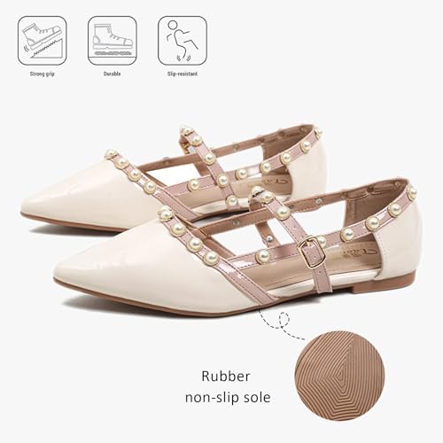 Mary Jane Flats with Pearl for Women's Pointed Toe Hollow Out Patent Leather Comfort Dressy Ballet Flat Shoes with Adjustable Buckle for Wedding Parties Formal Daily3