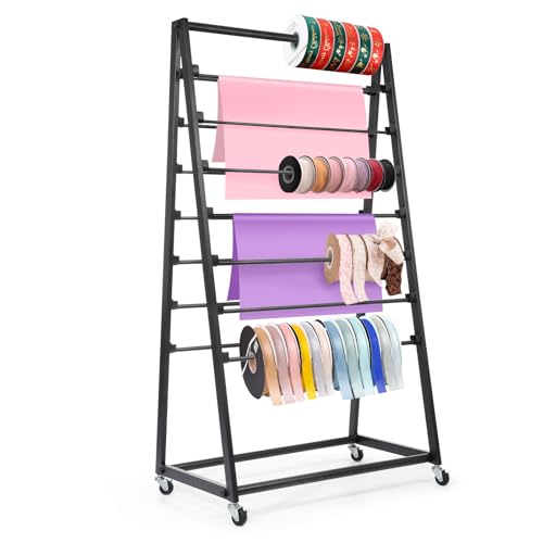 Image of WICHEMI 15 Tier Ribbon Storage Organizer, Double-Sided Metal Ribbon Rack with Wheels, for Craft Vinyl Rolls Scarf Belt Towel Organizer Shelf, Black