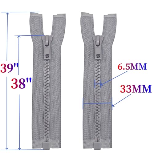 Image of MebuZip 2PCS #5 38 Inch Separating Jacket Zippers Resin Zipper Molded Plastic Zippers Bulk for Sewing Coat Jackets Clothes (Grey)